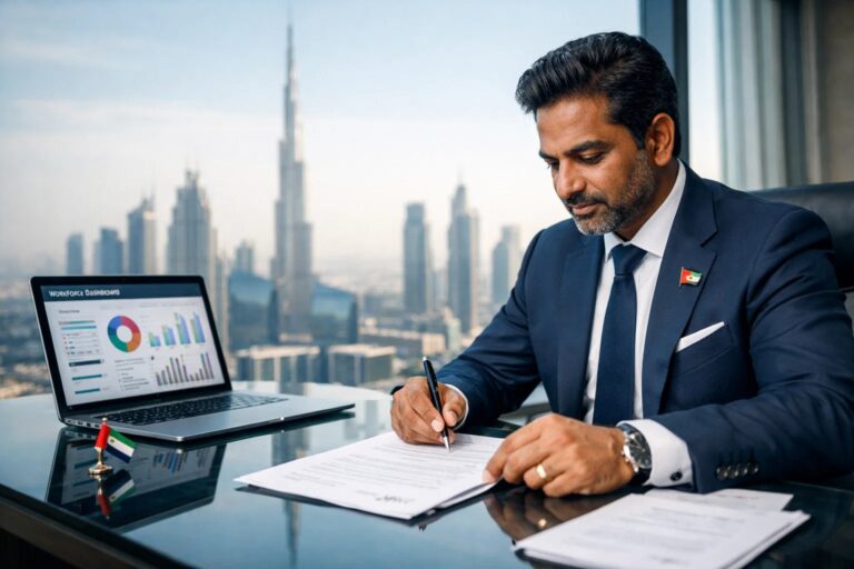 A executive utilizes eor services uae to sign corporate documents in a Dubai office near the Burj Khalifa.
