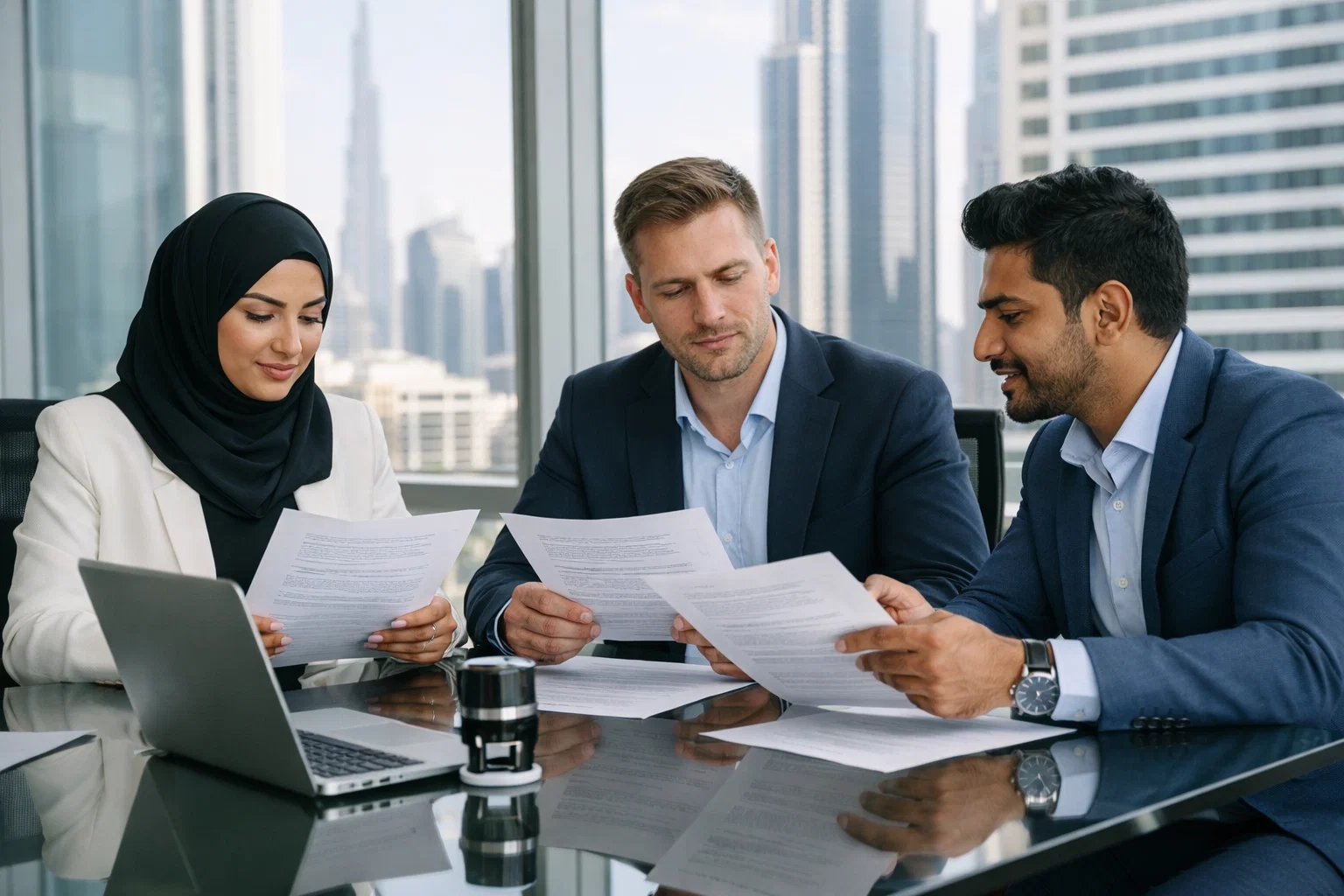 Professionals review peo services in uae paperwork in a Dubai high-rise office with skyscraper views.