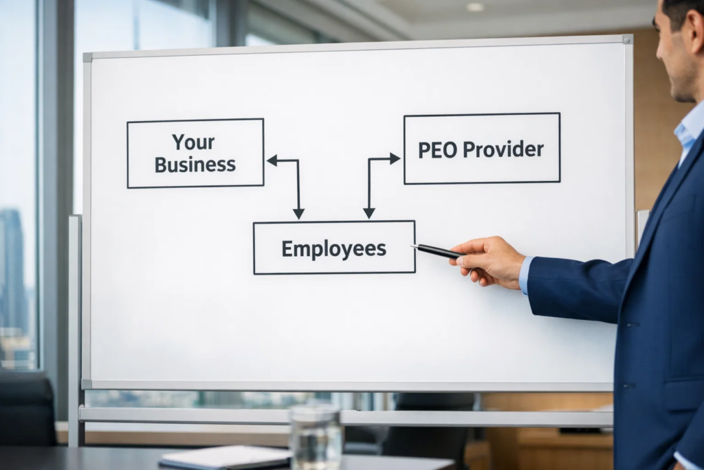 Modern Dubai office scene with a professional pointing at a whiteboard showing a co-employment diagram linking business, PEO, and employees.