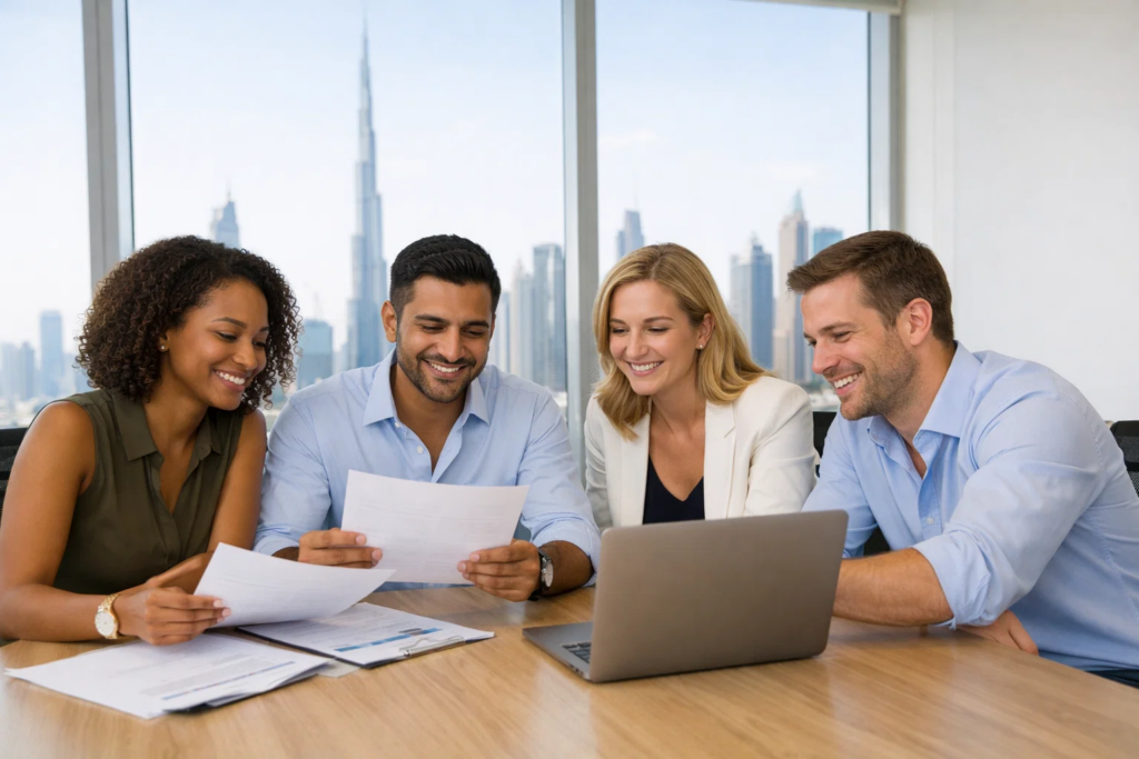 Team of professionals reviewing documents together at a table with a laptop in a bright office.