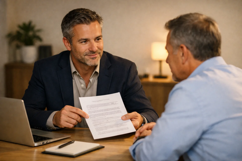 Businessman presenting a document to a client during a meeting at a desk in a professional office.
