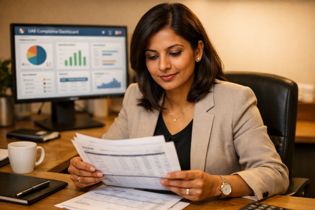 Businesswoman reviewing financial documents at her desk with a compliance dashboard displayed on a monitor behind her.