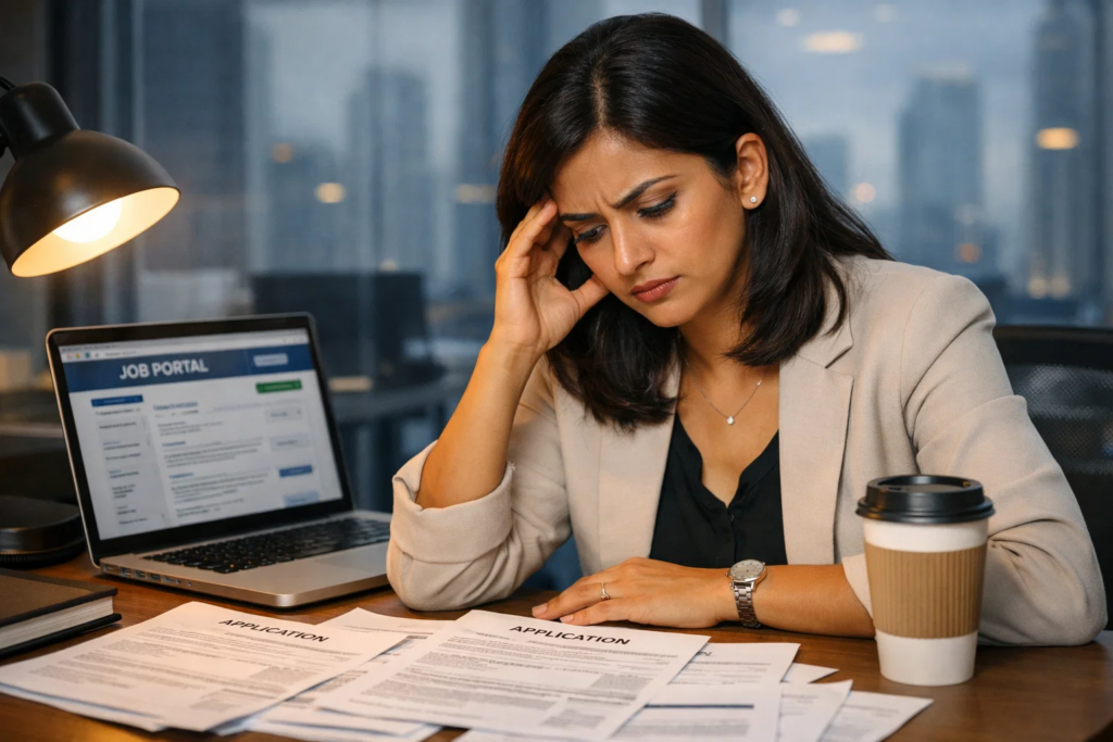 Frustrated HR manager reviewing job applications at desk with laptop and coffee in a modern office.