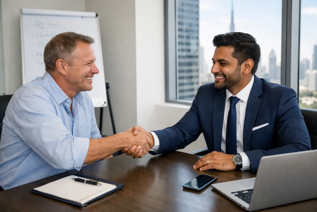 Two business professionals shaking hands across a conference table in a modern office, smiling in agreement.
