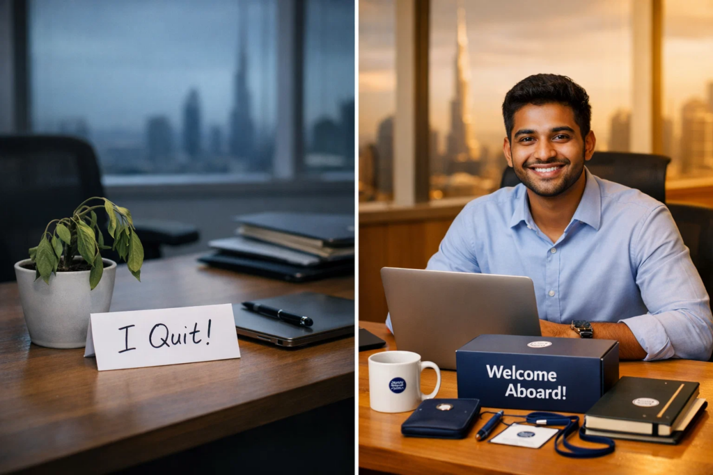 Split scene: empty desk with resignation note and wilting plant vs new employee onboarding with laptop and welcome kit.
