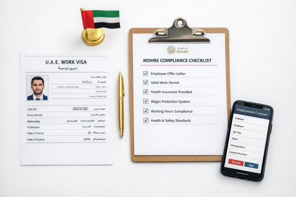 Flat lay of UAE visa, MOHRE checklist, phone with contract, pen, and UAE flag on a clean white desk.
