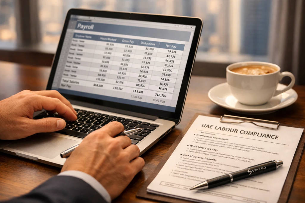 Close-up of a professional managing payroll on a laptop with UAE compliance documents, warm office lighting, blurred Dubai office background.