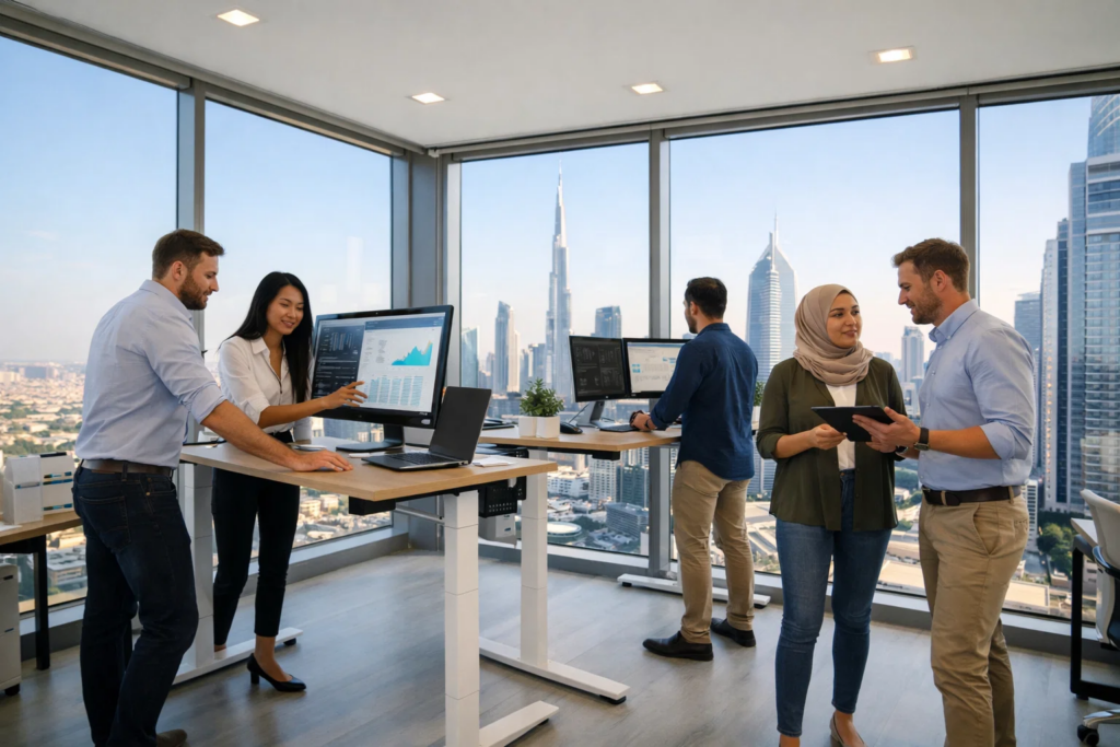 Wide-angle view of a modern Dubai office with a small team collaborating at standing desks, bright space and city skyline visible through large windows.