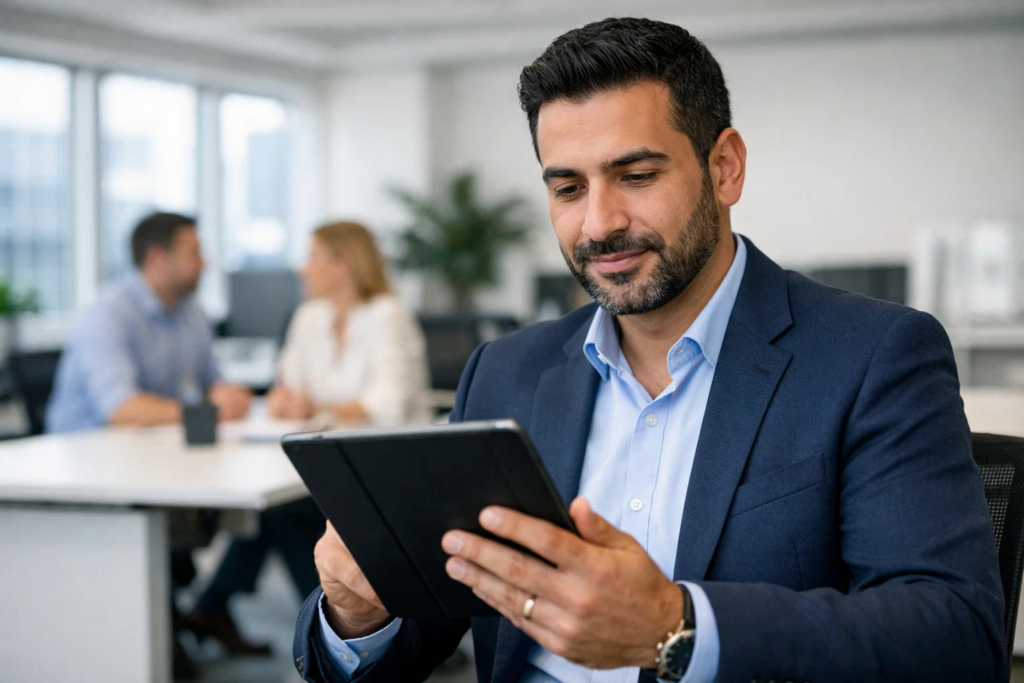 Professional HR manager reviewing a contract on a tablet in a modern Dubai office, bright interiors with blurred colleagues in background