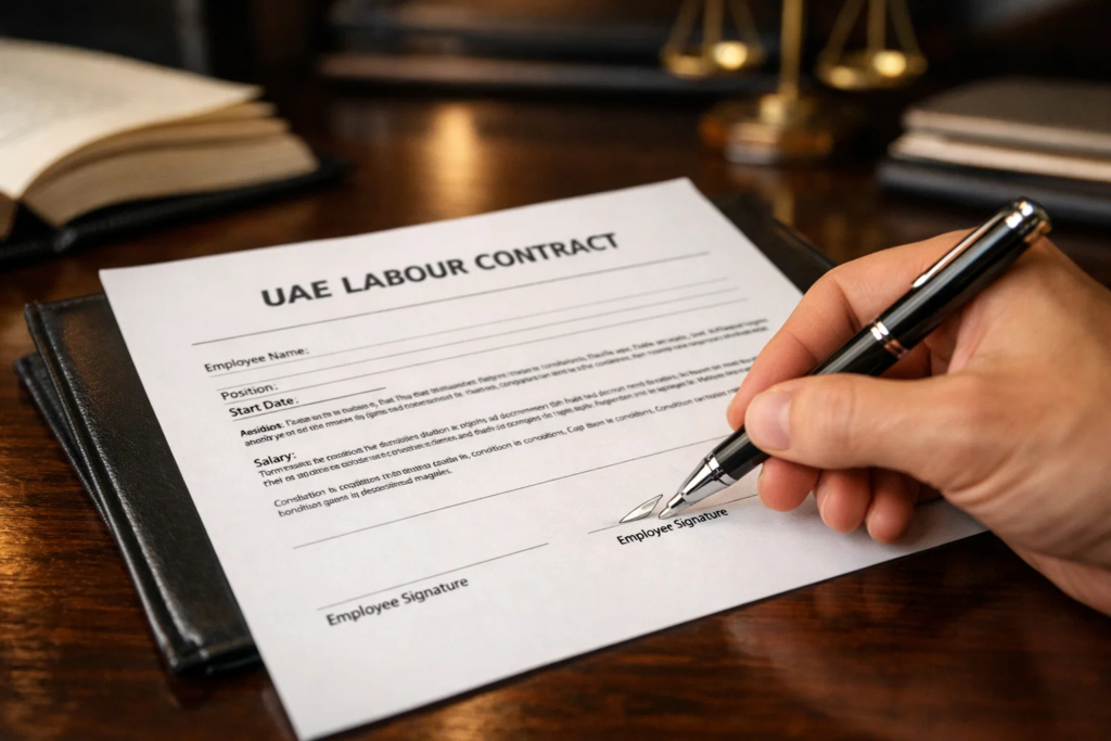 Close-up of a UAE labour contract being signed on a polished dark wood desk, warm lighting, blurred office background, professional legal tone