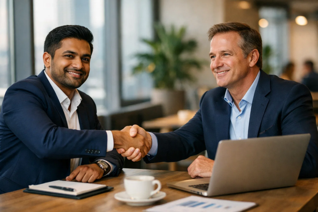 South Asian HR consultant and Western business owner shaking hands across a meeting table in a bright Dubai co-working space, natural light, professional and trustworthy atmosphere