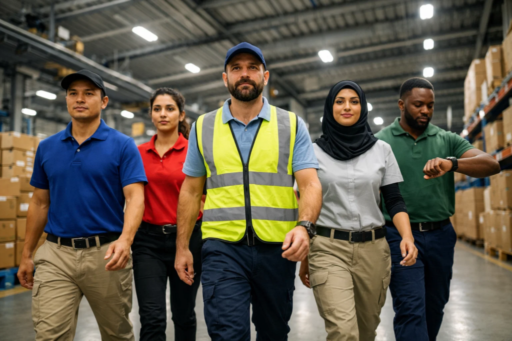 Diverse team of workers in smart casual uniforms walking through a modern Dubai warehouse, bright lighting, organized space, natural action scene