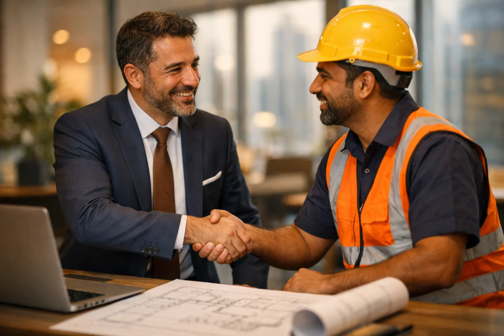 Businessman and construction worker shaking hands over plans in a modern office, smiling in agreement.
