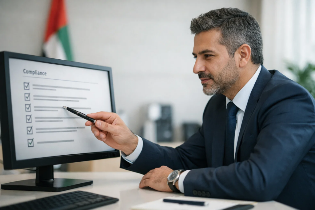 Businessman reviewing a compliance checklist on a computer screen, pointing at items in a professional office.