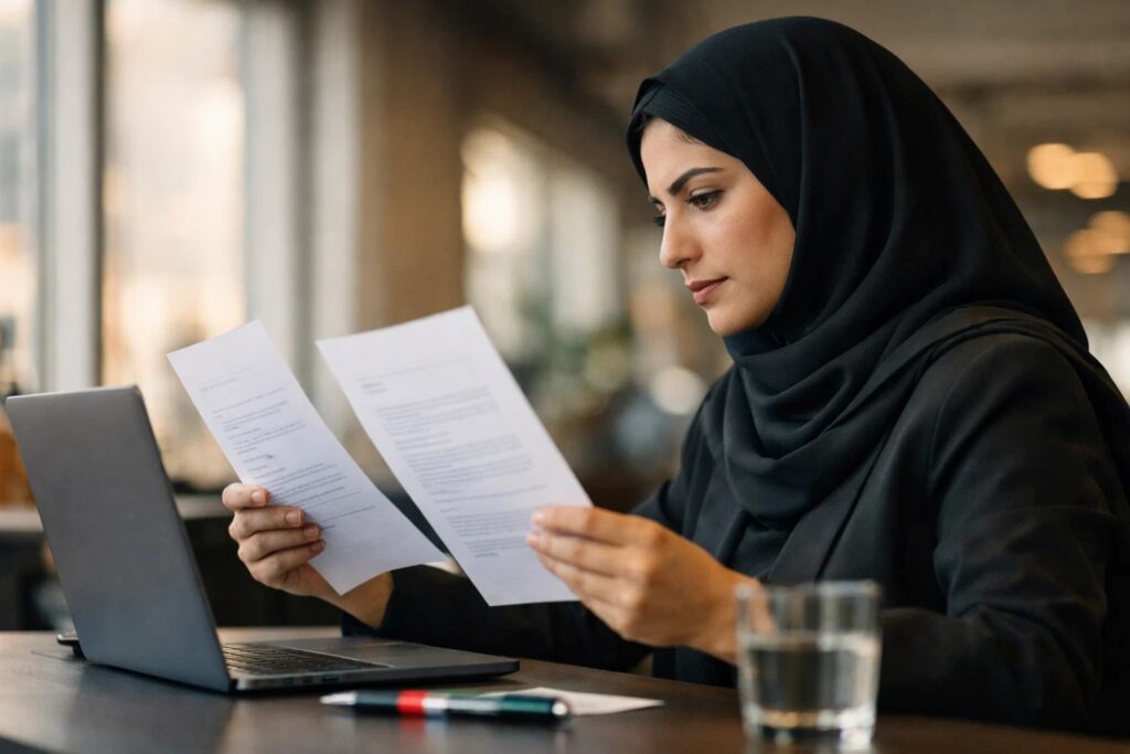 Woman in black hijab reviewing two EOR documents at a desk with a laptop and glass of water, focused in a softly lit workspace.