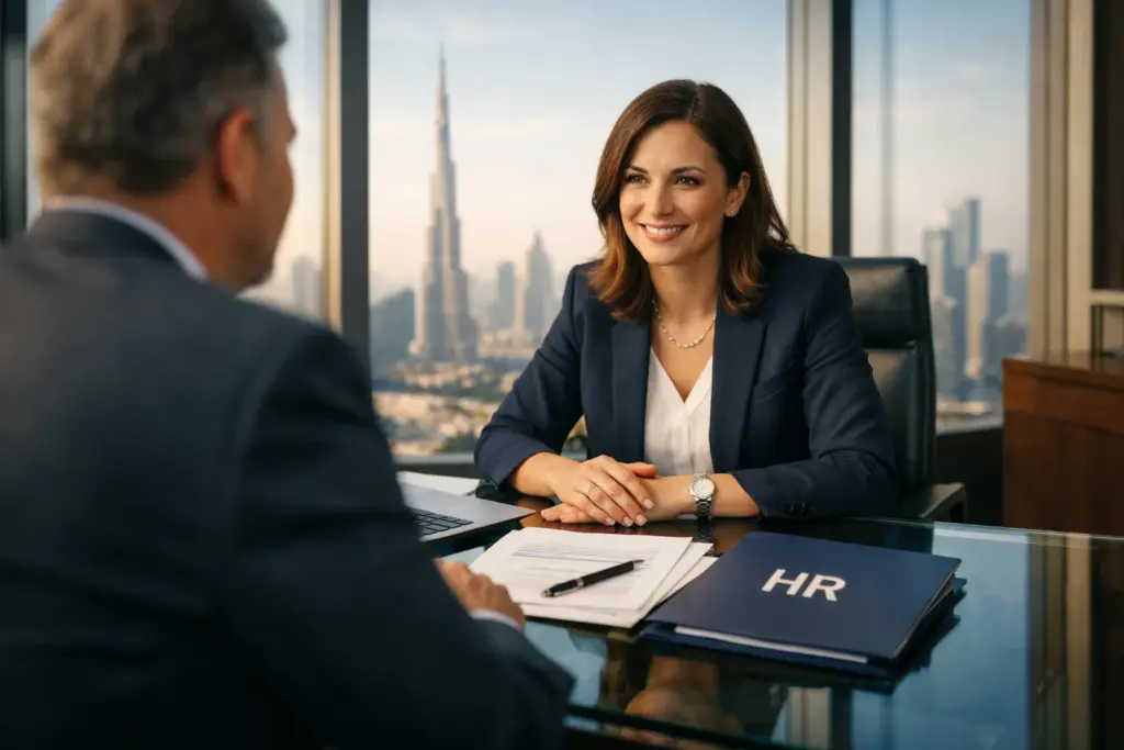 HR professional and business owner discussing documents across a glass desk in a Dubai office, Burj Khalifa skyline visible, warm natural light.