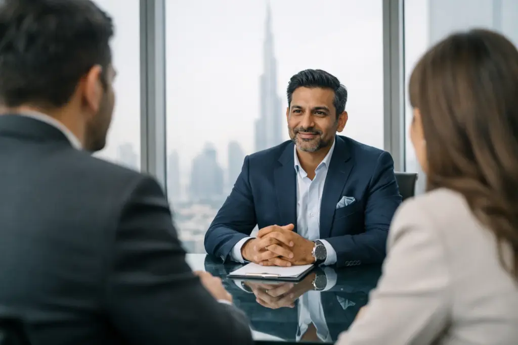 Confident executive interviewing two candidates at a glass table in a modern Dubai office, Burj Khalifa faintly visible, soft natural light, professional setting