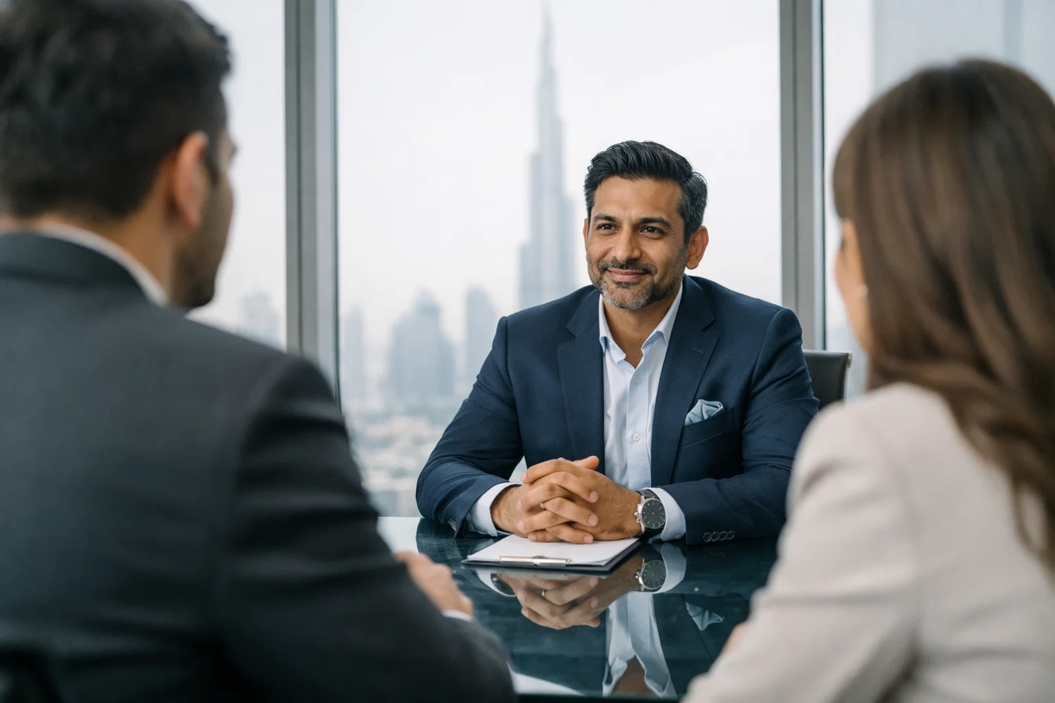 Confident executive interviewing two candidates at a glass table in a modern Dubai office, Burj Khalifa faintly visible, soft natural light, professional setting
