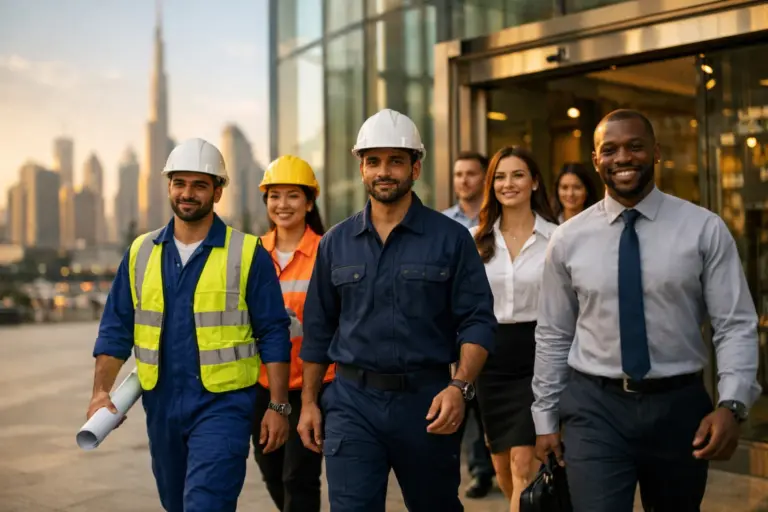 Diverse team of construction workers and professionals walking confidently outside a modern building at sunset.