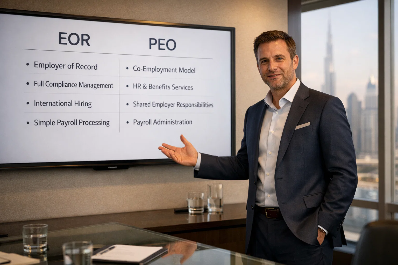 Business consultant presenting EOR vs PEO comparison on a screen in a modern Dubai boardroom with skyline view.