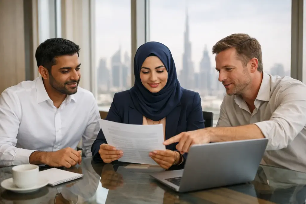Three diverse professionals reviewing documents and a laptop at a glass table in a modern Dubai office with skyline view.