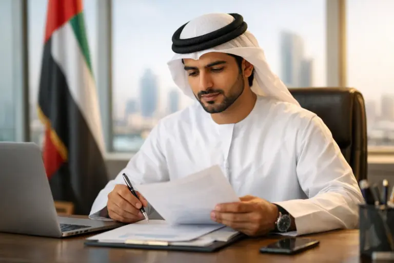 An Emirati professional in traditional attire reviews and signs documents at a desk in a Dubai office with the UAE flag.