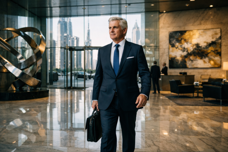 A silver-haired businessman in a navy blue suit walks through a modern office lobby with a large abstract sculpture.
