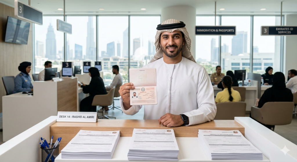 Man holding passport at service desk