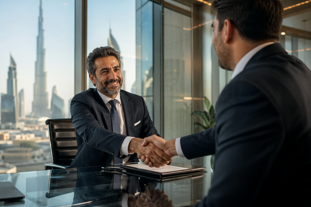 Businessmen shaking hands in office