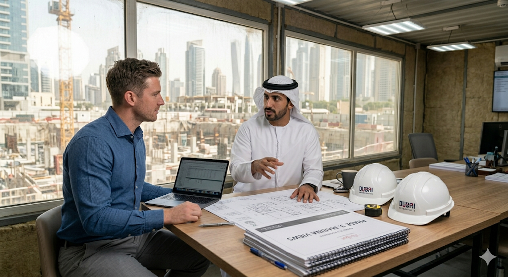 Two men discussing construction plans indoors