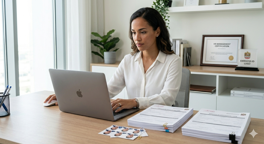Woman working at a desk with documents