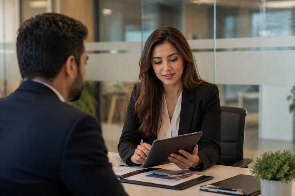 White-collar recruitment process in UAE — HR professional reviewing executive candidates