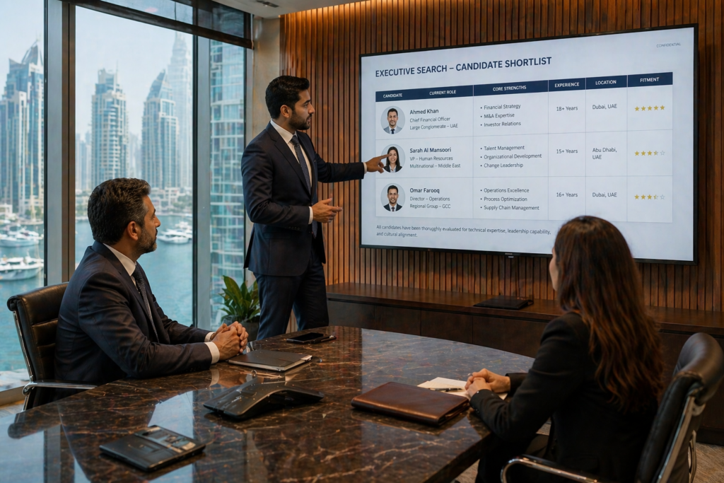 Executive staffing process UAE — recruitment consultant presenting shortlisted candidates