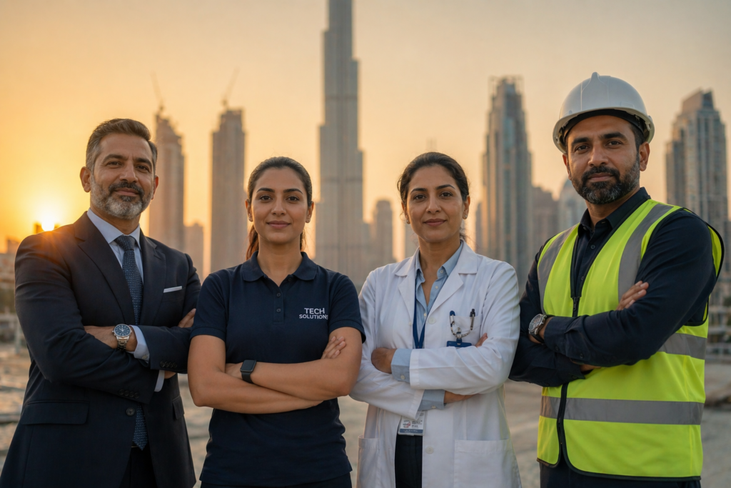 Executive staffing UAE across industries — professionals in finance, tech, healthcare and construction