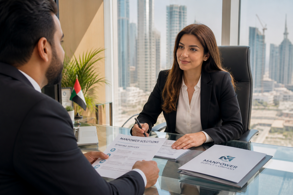 HR manager reviewing manpower staffing documents with consultant in a Dubai office with skyline view