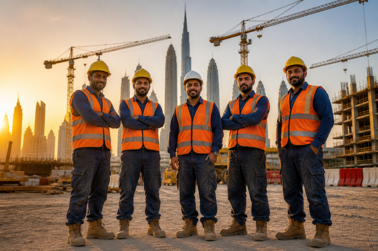 Five construction workers in hard hats and orange vests stand together at a sunset site with the Dubai skyline behind them.