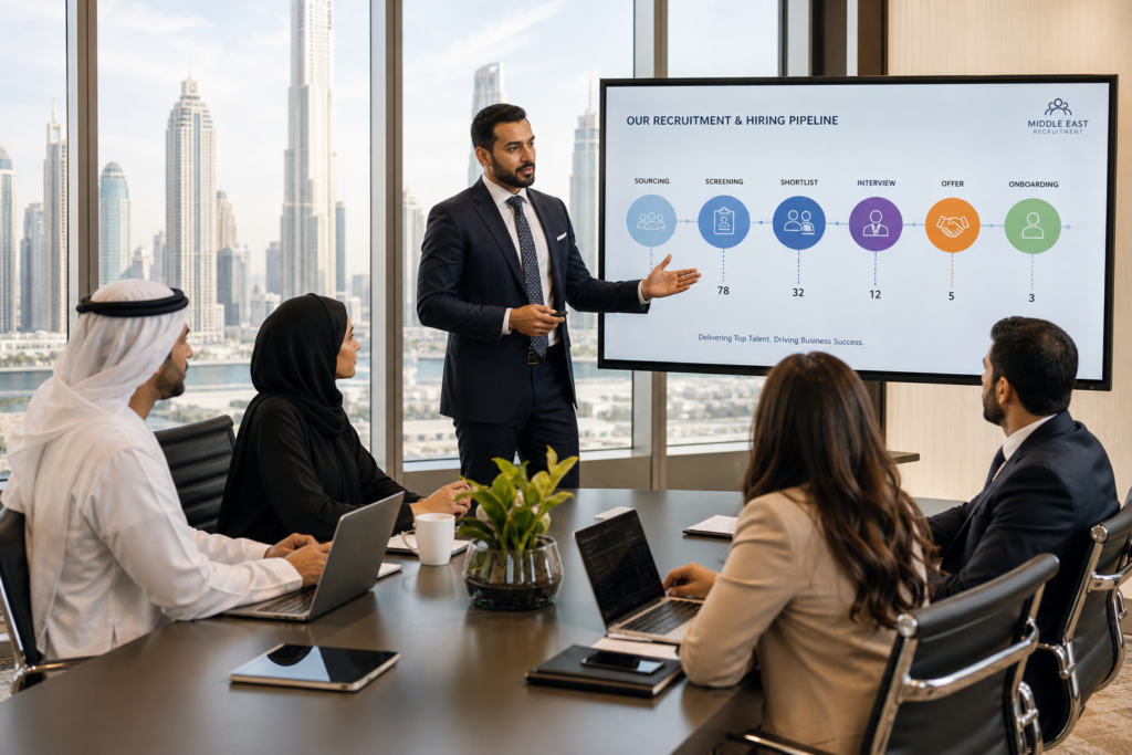 Recruitment consultant presenting hiring pipeline to UAE executives in modern boardroom with city skyline backdrop