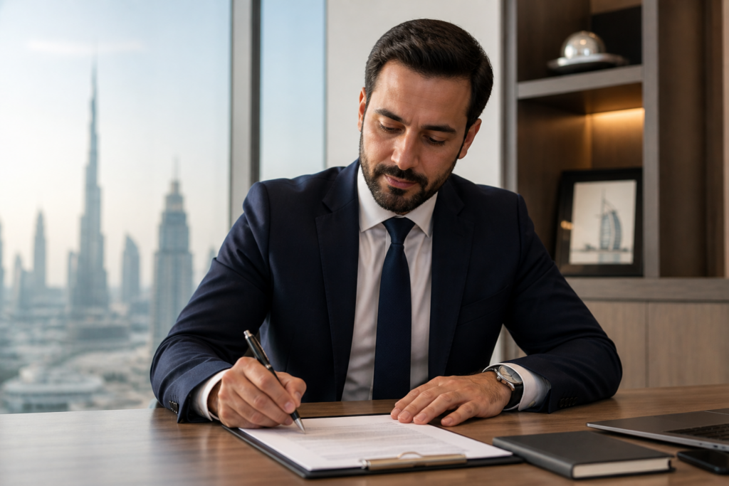 Business executive signing contract in Dubai office with skyline view
