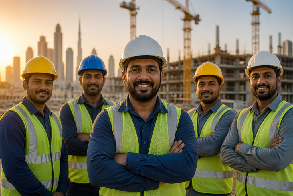 Construction workers in safety gear at UAE site with cranes and skyline at sunset