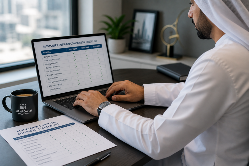 HR professional reviewing manpower supplier checklist on laptop in UAE office