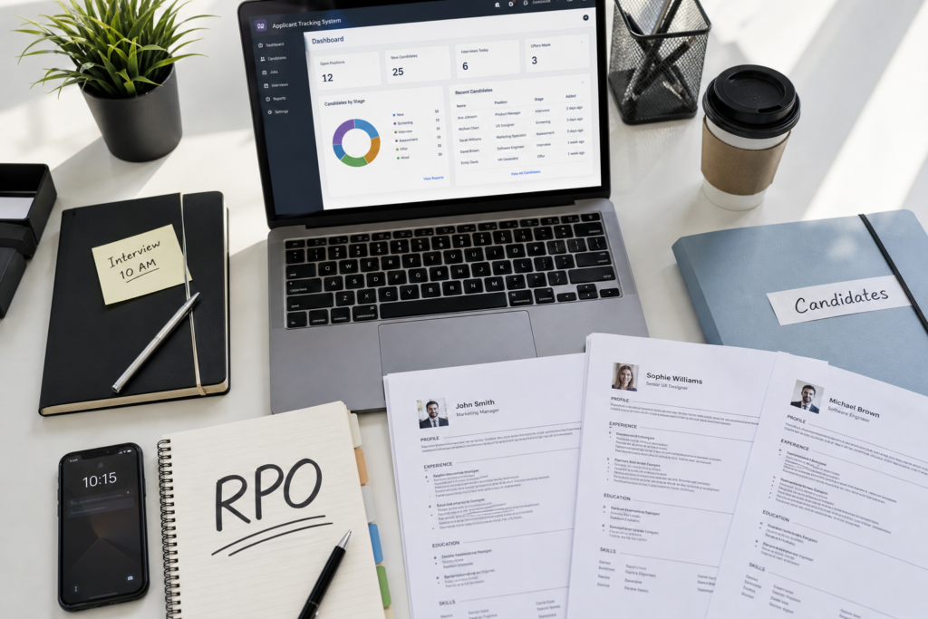 Overhead view of recruiter desk with ATS on laptop, CVs, “RPO” notes, phone, and coffee on clean white surface
