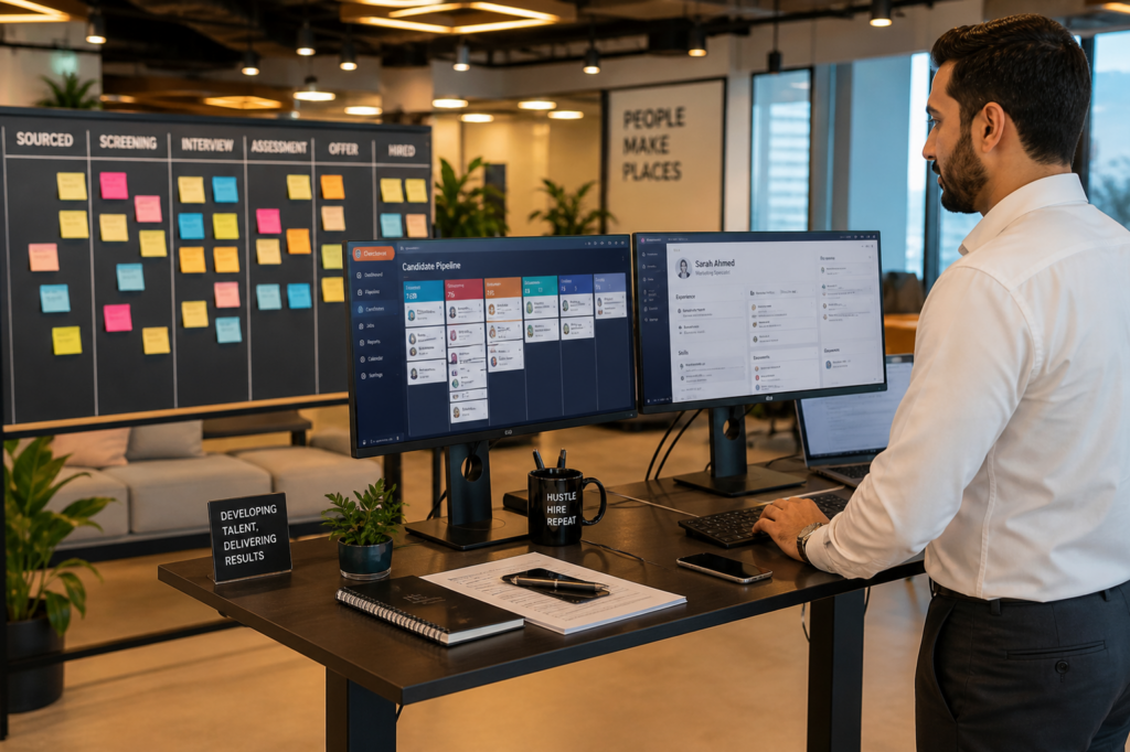 Recruitment specialist at standing desk reviewing candidate pipeline on dual monitors with kanban board in modern workspace