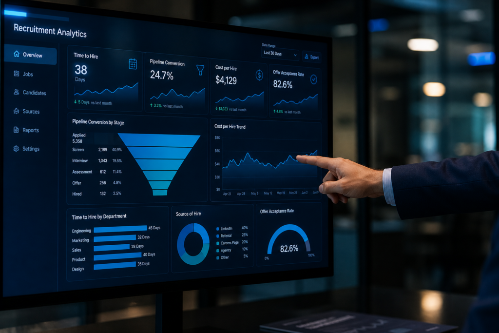 Consultant pointing at a large digital dashboard displaying recruitment KPIs—time-to-hire, pipeline conversion, and cost-per-hire—on a monitor in a dark, modern office with blue ambient lighting.