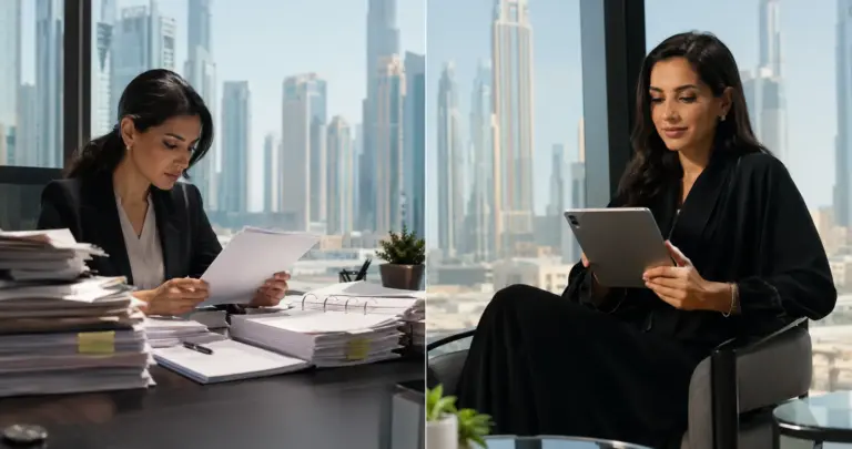 Two scenes show a businesswoman working with paper files and then using a tablet against a city skyline.Employer of Record vs. Free Zone Company