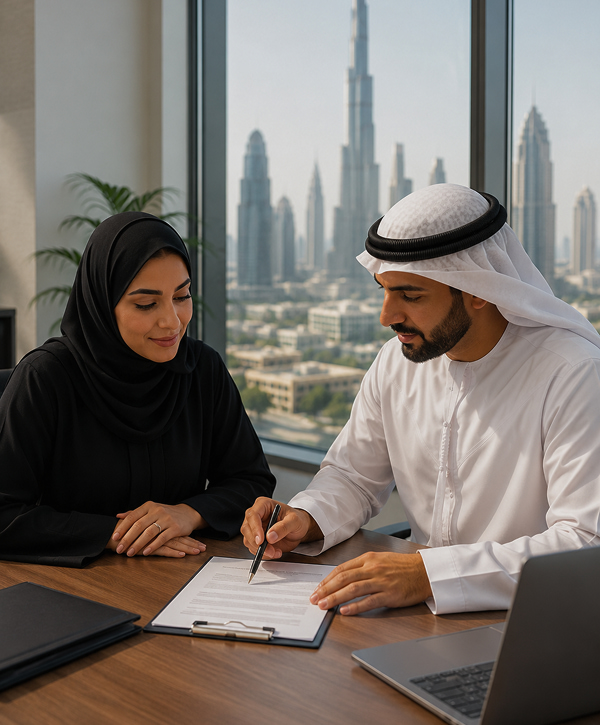 An Emirati couple uses eor services uae to sign a contract in an office overlooking the Burj Khalifa.