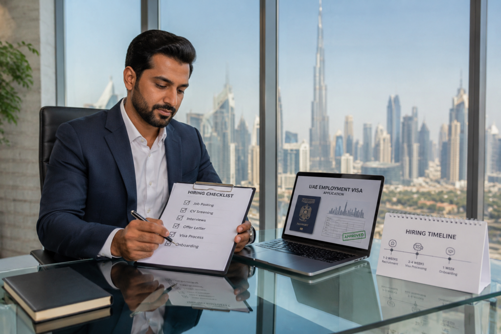 HR manager reviewing UAE hiring documents in a Dubai office with skyline views and visa paperwork.