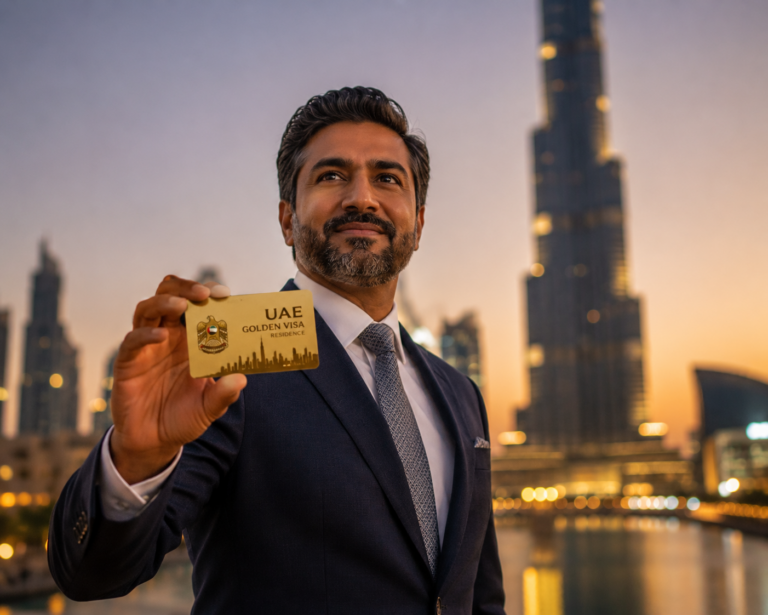 Business executive holding a UAE Golden Visa card with Dubai skyline and Burj Khalifa at dusk in the background.