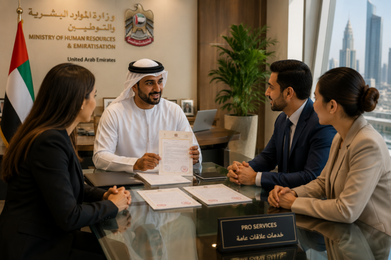 Emirati PRO officer reviewing stamped documents with business team in a modern UAE government office.