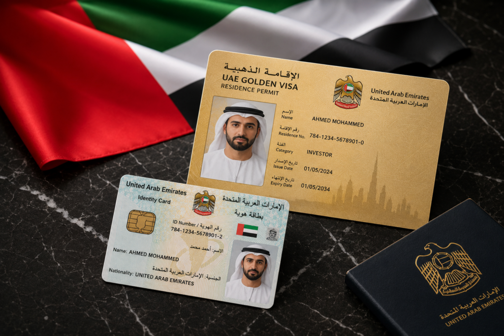 Golden Visa UAE for Employers with UAE ID and residency permit on display with national flag background
