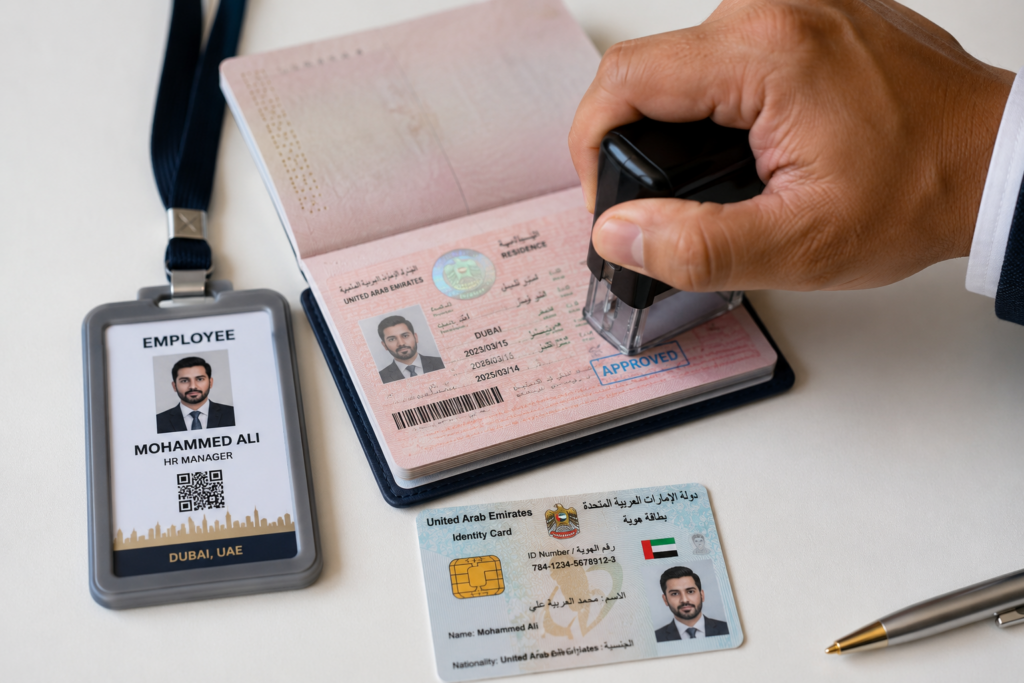 Close-up of a UAE residence visa stamp in a passport with Emirates ID and employee badge.